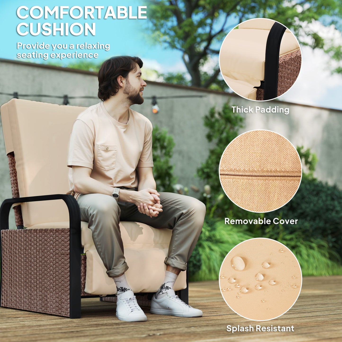 Outsunny 140° Reclining Rattan Armchair - Brown/Khaki