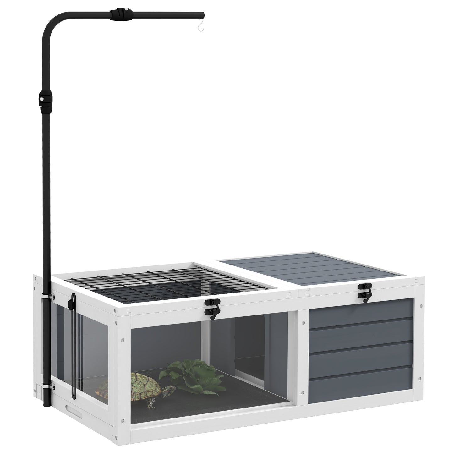 Photo of PawHut Tortoise Table with Adjustable Lamp Holder, Wooden Tortoise House w/ Openable Lids, Pull-Out Trays - Grey in Grey colour on a white background