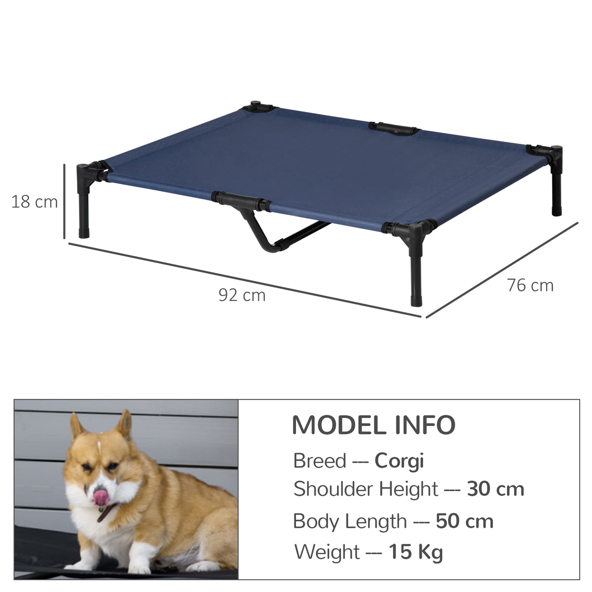 Blue raised dog bed with black frame, 18 cm high, measuring 92 by 76 cm