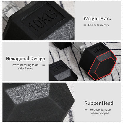 Hex dumbbell details: 10 kg marking, anti-roll shape, and textured rubber head.