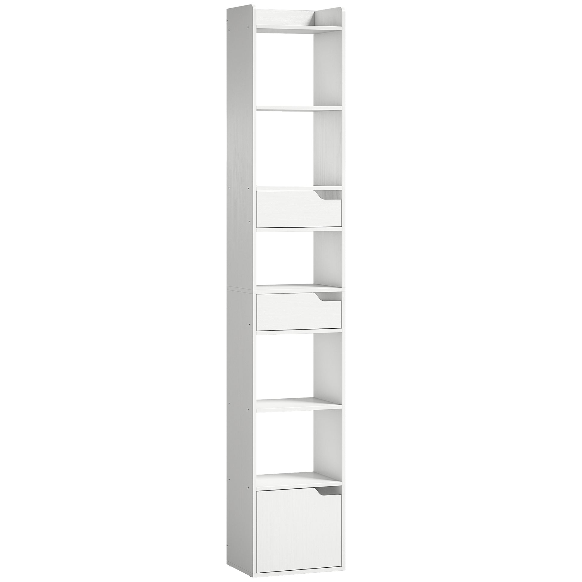 Photo of HOMCOM Bookcase Tall Narrow with 5 Tiers and Drawers Freestanding Bookshelf Storage Cabinet for Living Room White Wood Effect in Effect colour on a white background