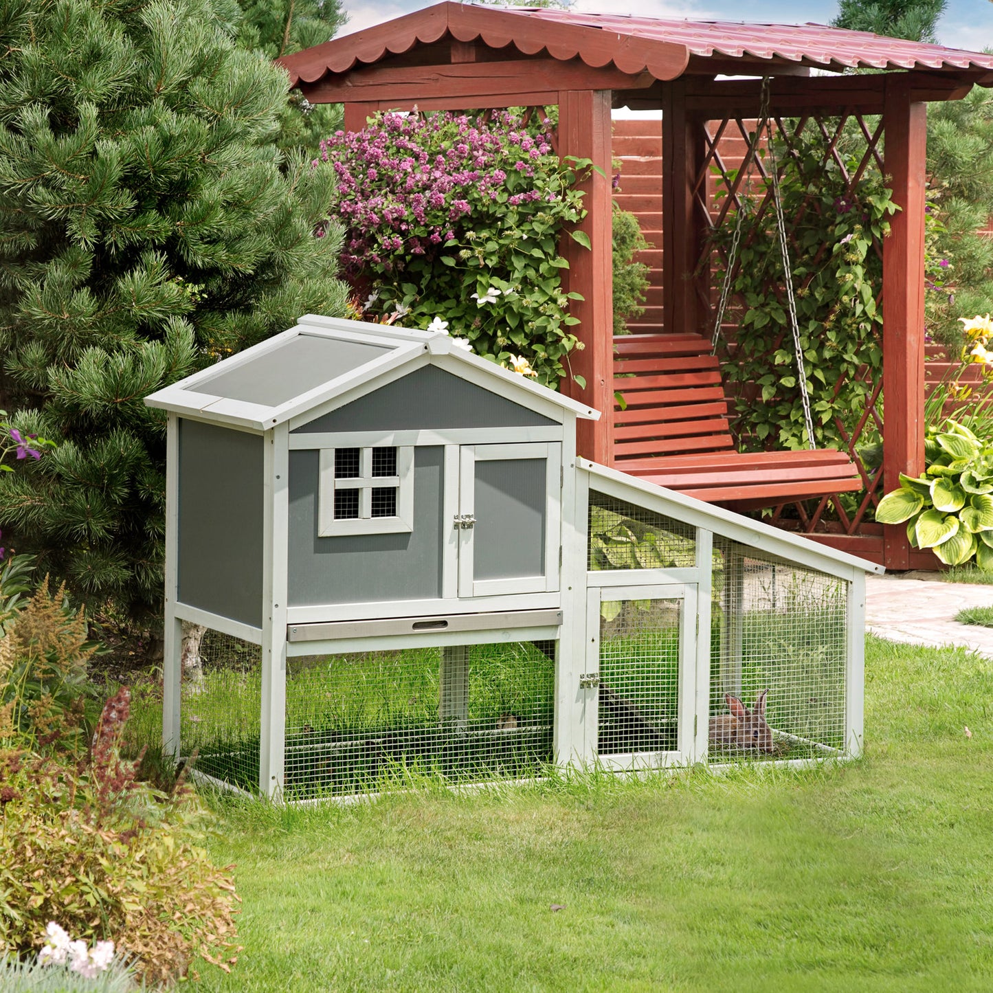 PawHut Two-Tier Rabbit Hutch, with Sunlight Panel Roof, Slide-Out Tray - Grey