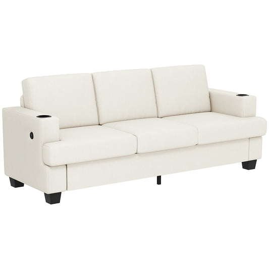Photo of HOMCOM 3 Seater Sofa with USB Ports & Cup Holders - Cream White in White colour on a white background