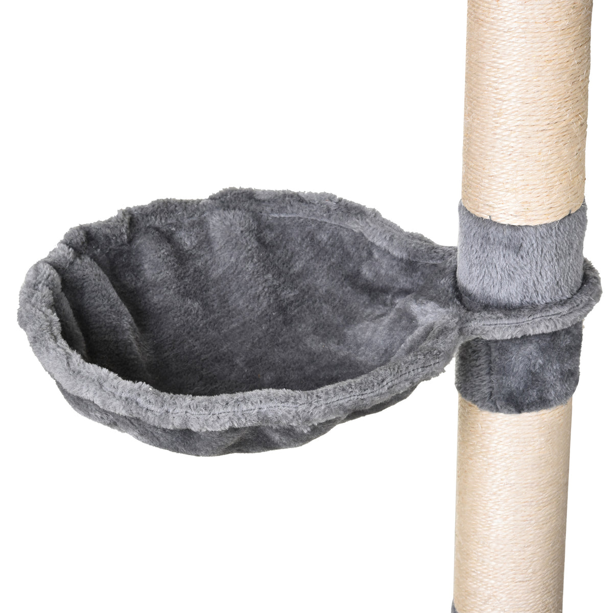 Gray plush cat tree hammock attached beside a sisal-wrapped scratching post