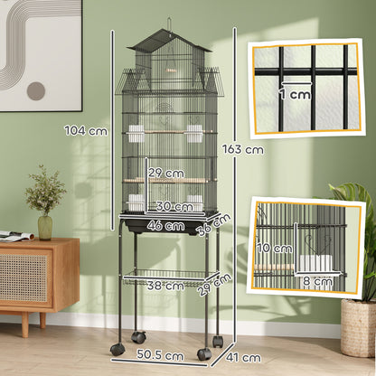 PawHut bird cage on wheeled stand, with dimensions and bar spacing shown