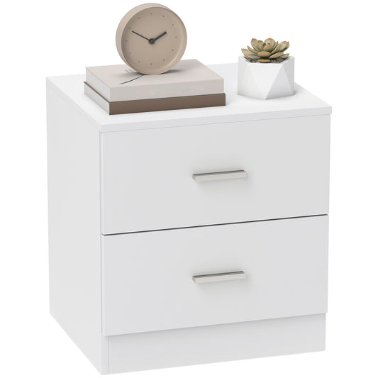 White two-drawer bedside table with metal handles and a raised base.