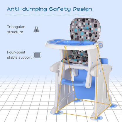 HOMCOM baby high chair with blue tray, padded patterned seat, and stable four-point base