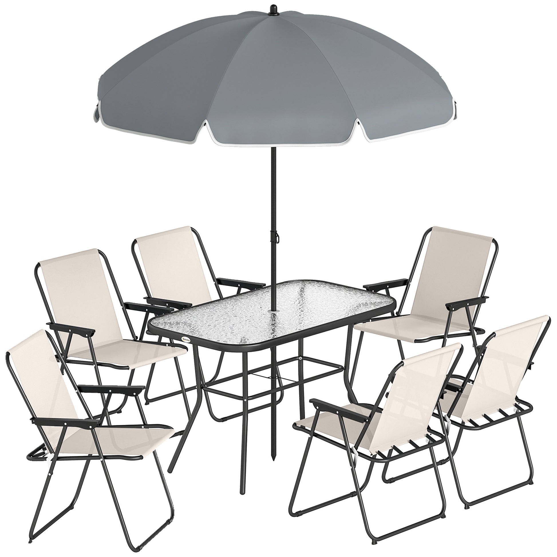Photo of Outsunny 8 Piece Garden Dining Set with Umbrella Garden Furniture Set with 6 Folding Chairs, Tempered Glass Table for Patio Cream in Cream colour on a white background