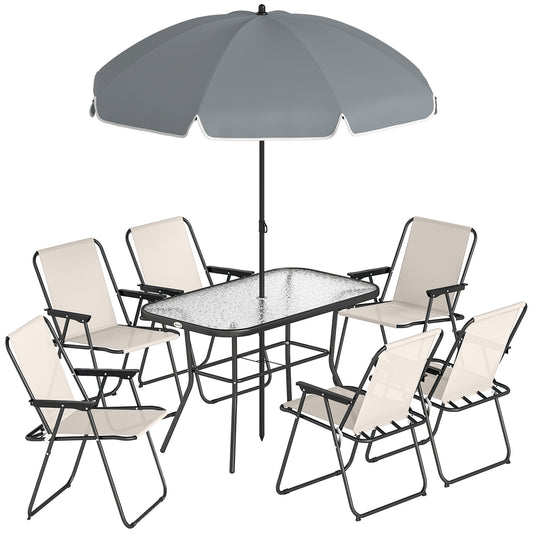 Photo of Outsunny 8 Piece Garden Dining Set with Umbrella Garden Furniture Set with 6 Folding Chairs, Tempered Glass Table for Patio Cream in Cream colour on a white background
