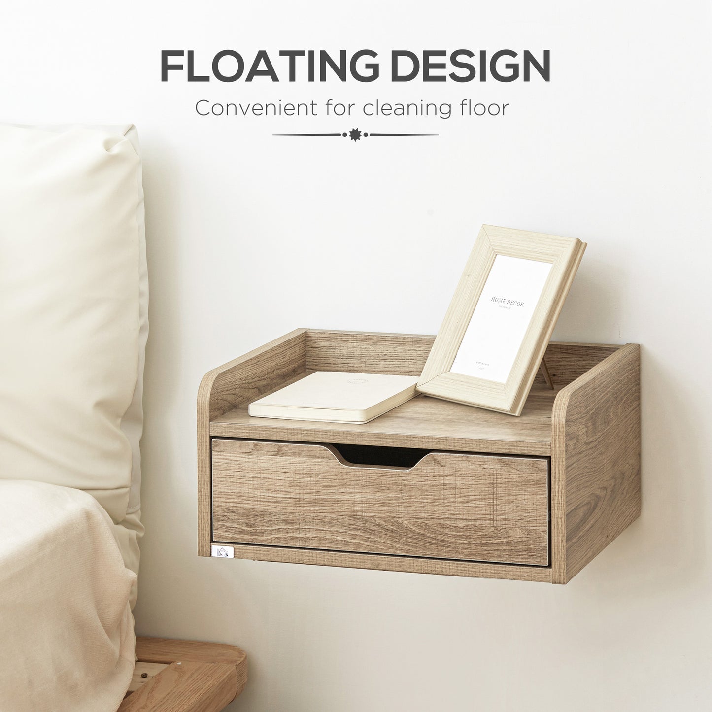 HOMCOM Floating Nightstands Set of 2, Wall Mounted Bedside Table with Drawer for Bedroom, Natural