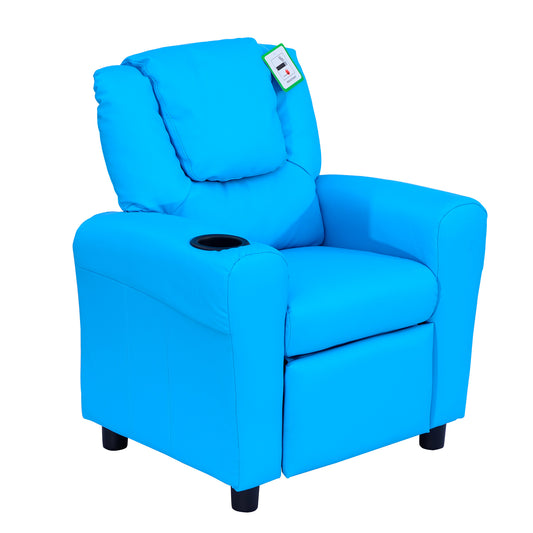 Photo of HOMCOM Kids Recliner Chair, PU Leather with Adjustable Backrest, Footrest, Padded Headrest, Blue in Blue colour on a white background