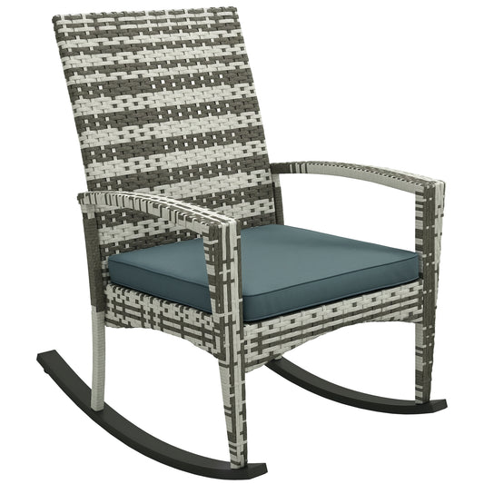 Photo of Outsunny PE Rattan Garden Rocking Chair, Outdoor Rocking with Cushion, 160 KG Capacity Wicker Garden Armchair Rocker with Metal Frame for Patio, Porch, Balcony, Light Grey in Grey colour on a white background