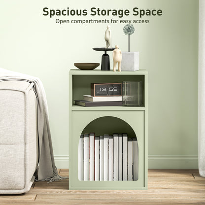 Light green bedside table with books in the arched lower compartment and an open upper shelf