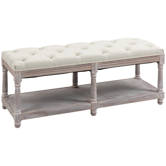 Photo of HOMCOM 2-Tier Bed End Bench, Vintage Stool, Wooden Window Seat with Storage Shelf, Button Tufted Upholstered Footstool for Living Room, Bedroom, Entryway, Cream White in White colour on a white background