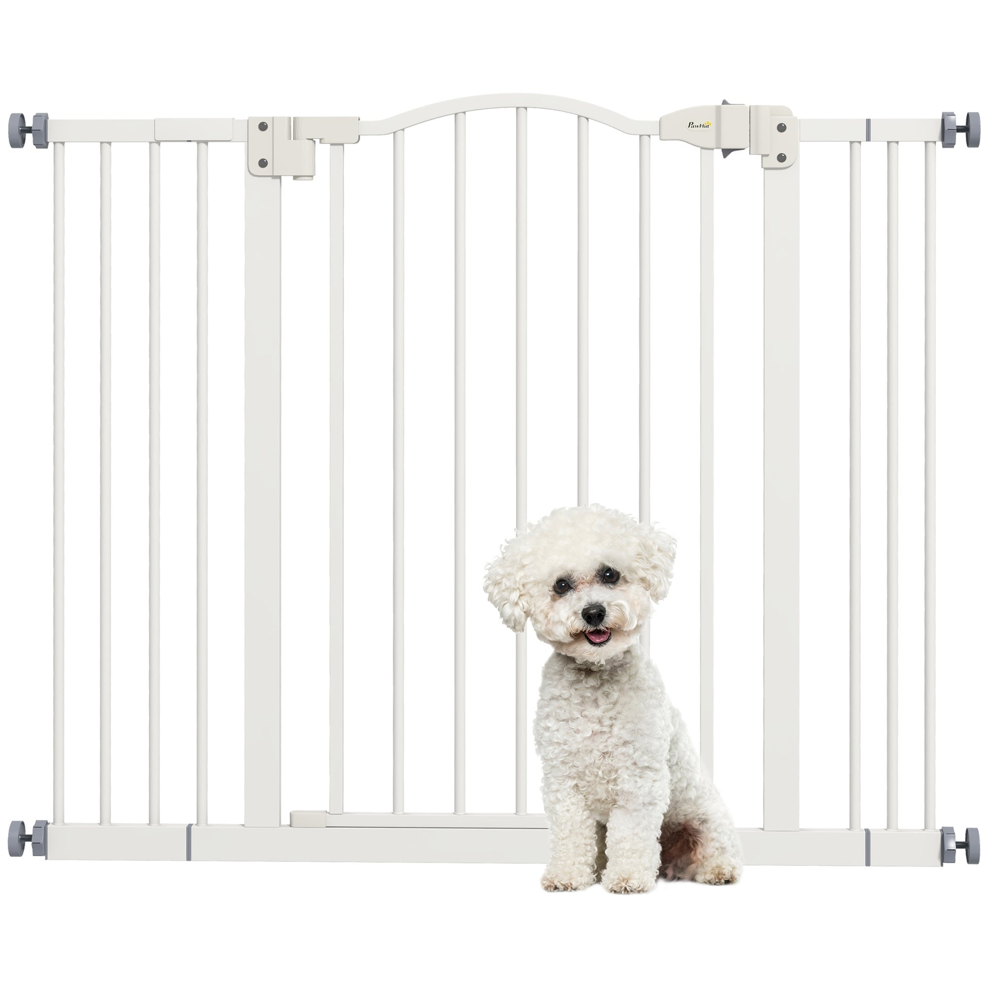 Photo of PawHut Metal 74-100cm Adjustable Pet Gate Safety Barrier w/ Auto-Close Door White in White colour on a white background