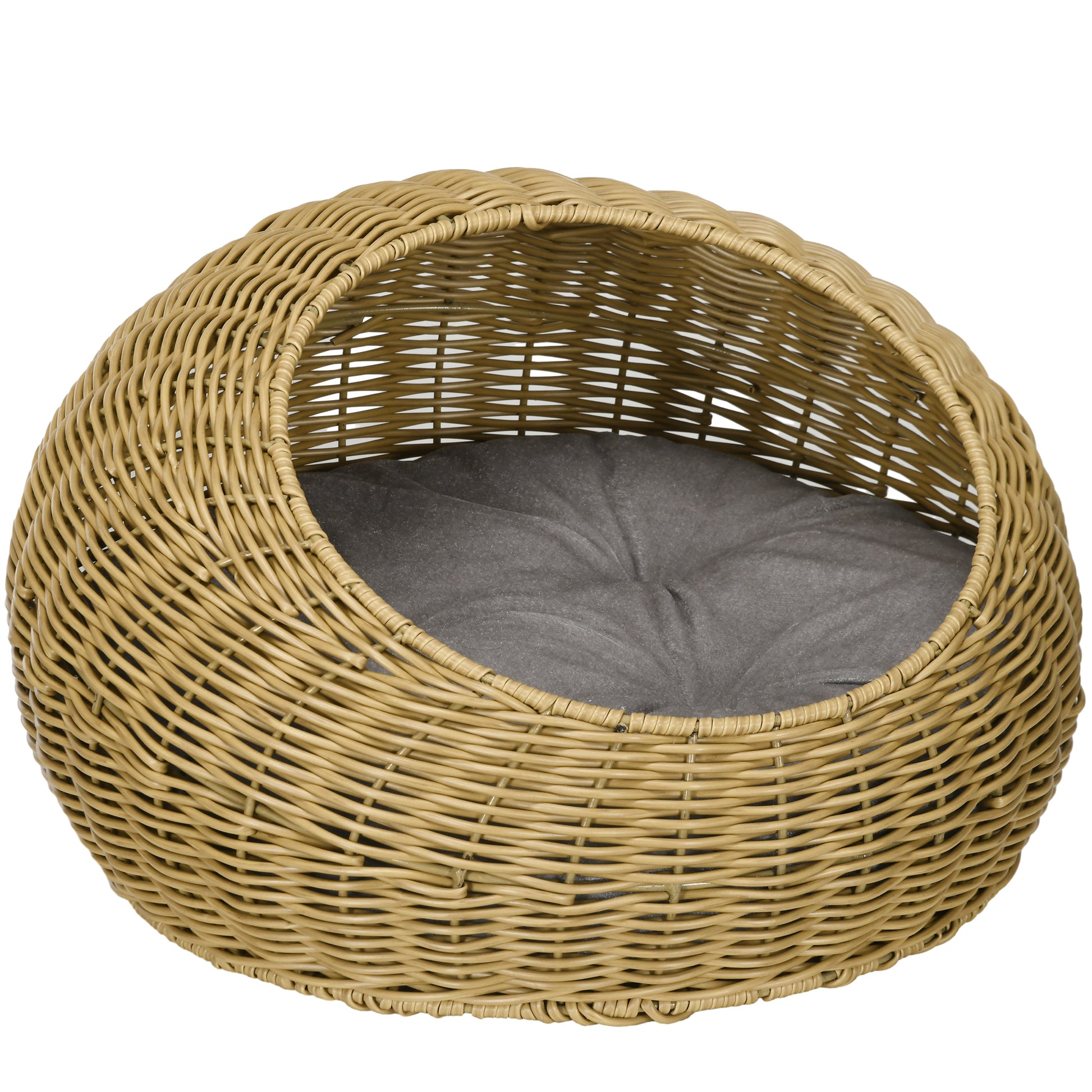 Photo of PawHut Wicker Cat House with Washable Cushion for Indoor Cats, Light Brown in Brown colour on a white background