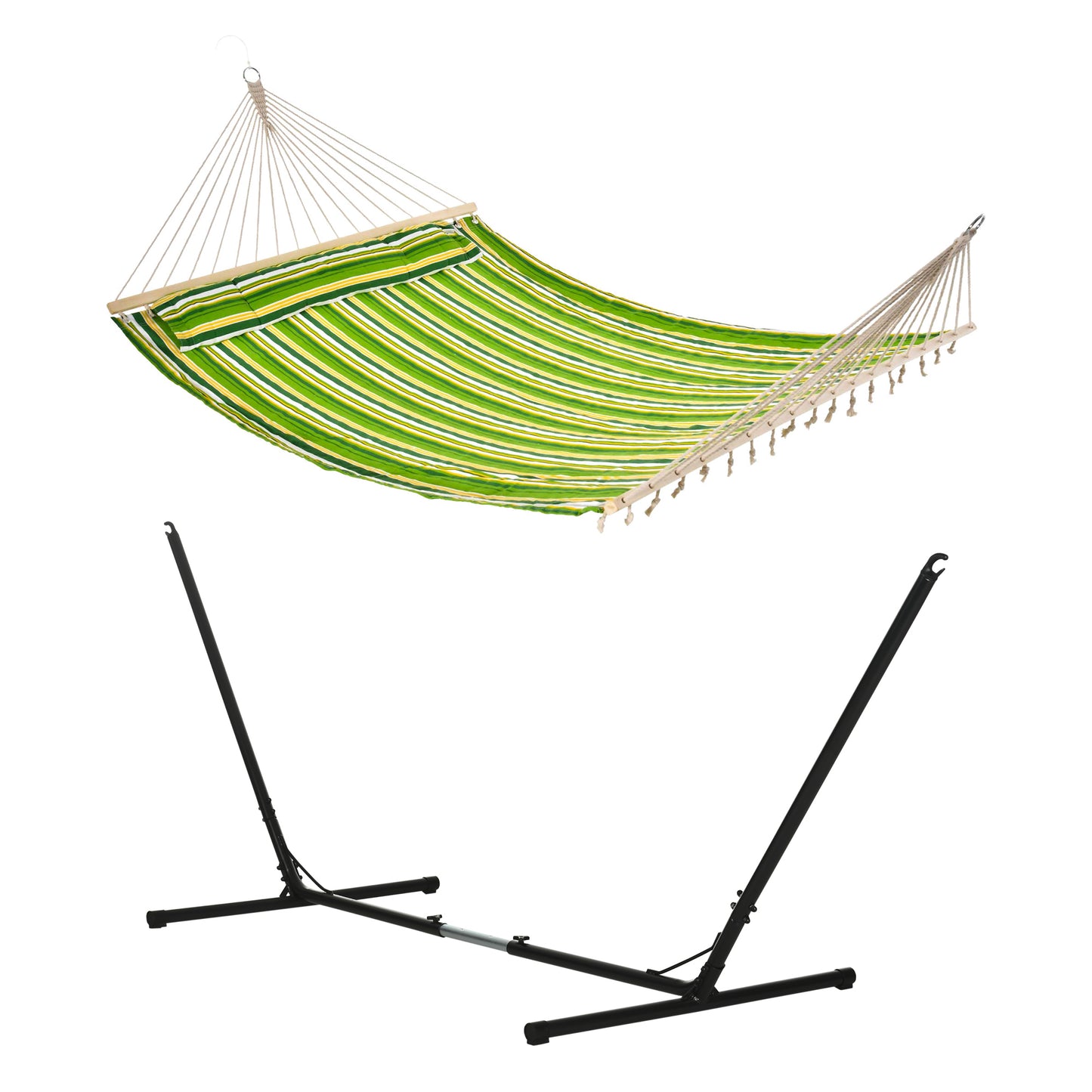 Photo of Outsunny Outdoor Garden Hammock with Stand, Double Cotton Hammock with Adjustable Steel Frame, Swing Hanging Bed with Pillow, for Garden, Patio, Beach, Green Stripes in Stripes colour on a white background
