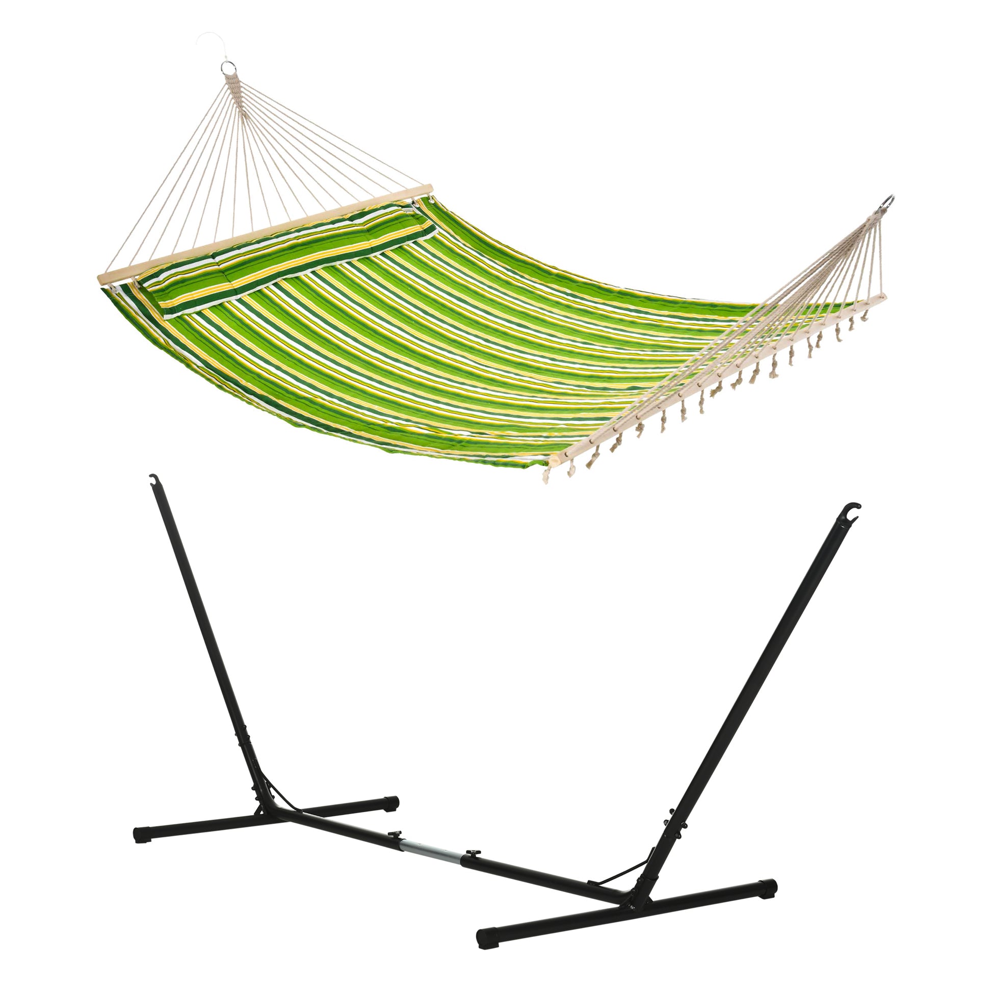 Photo of Outsunny Outdoor Garden Hammock with Stand, Double Cotton Hammock with Adjustable Steel Frame, Swing Hanging Bed with Pillow, for Garden, Patio, Beach, Green Stripes in Stripes colour on a white background