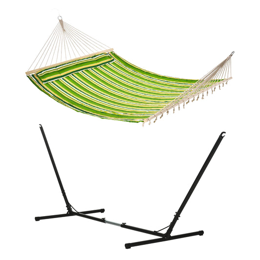 Photo of Outsunny Outdoor Garden Hammock with Stand, Double Cotton Hammock with Adjustable Steel Frame, Swing Hanging Bed with Pillow, for Garden, Patio, Beach, Green Stripes in Stripes colour on a white background