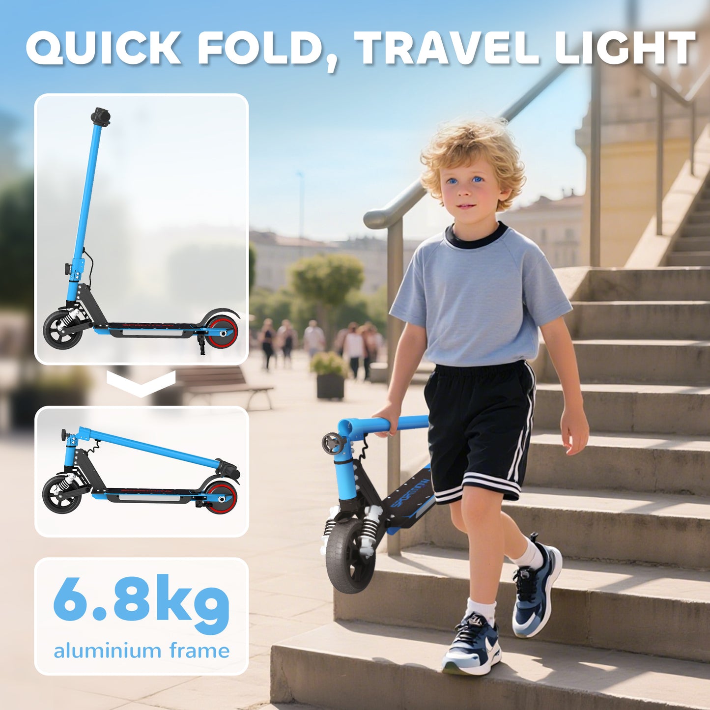 SPORTNOW Folding Electric Scooter for Kids, with Dual Brakes, Front Suspension, LED Colourful Lights, Blue