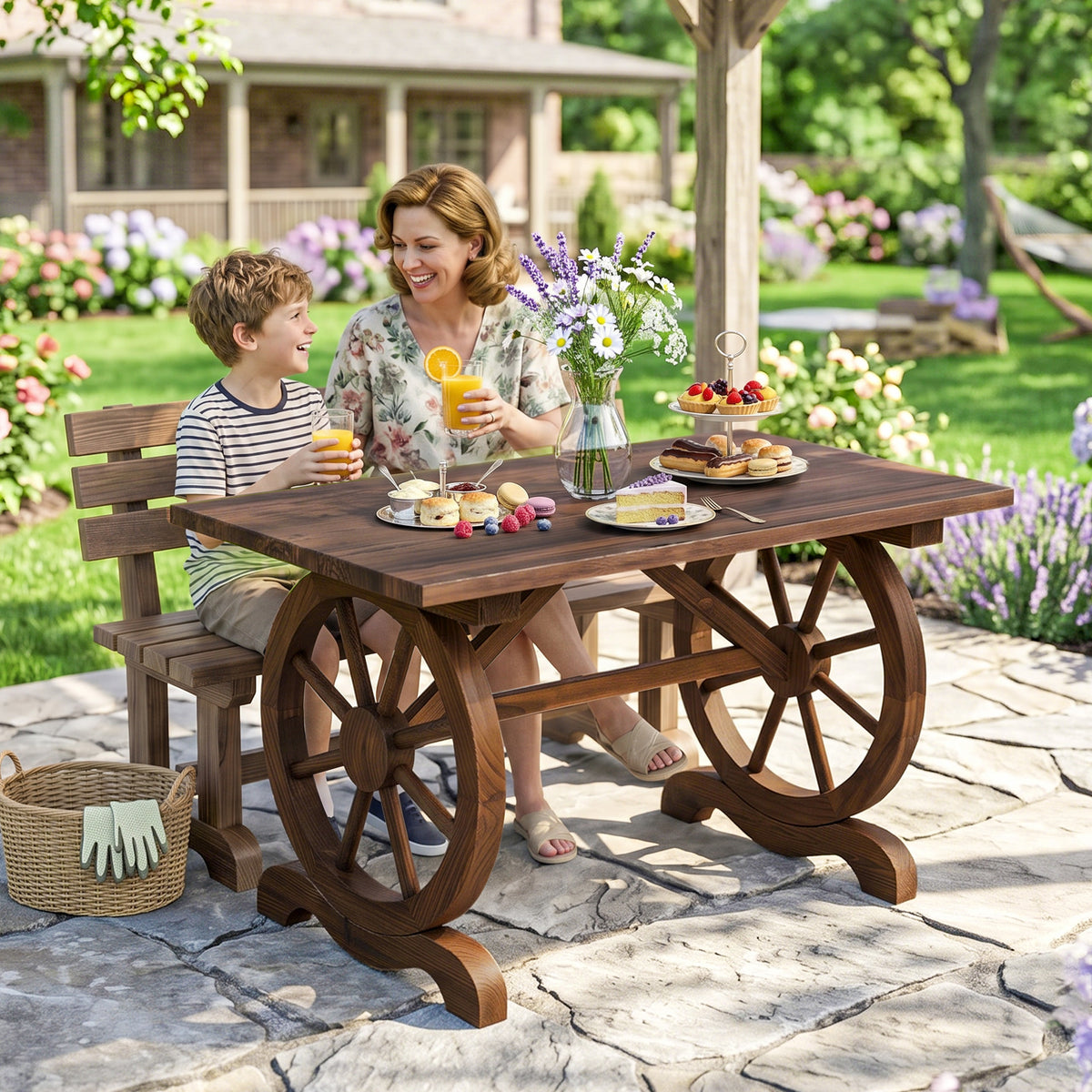 Outsunny wooden wagon wheel dining table shown in an outdoor dining setting