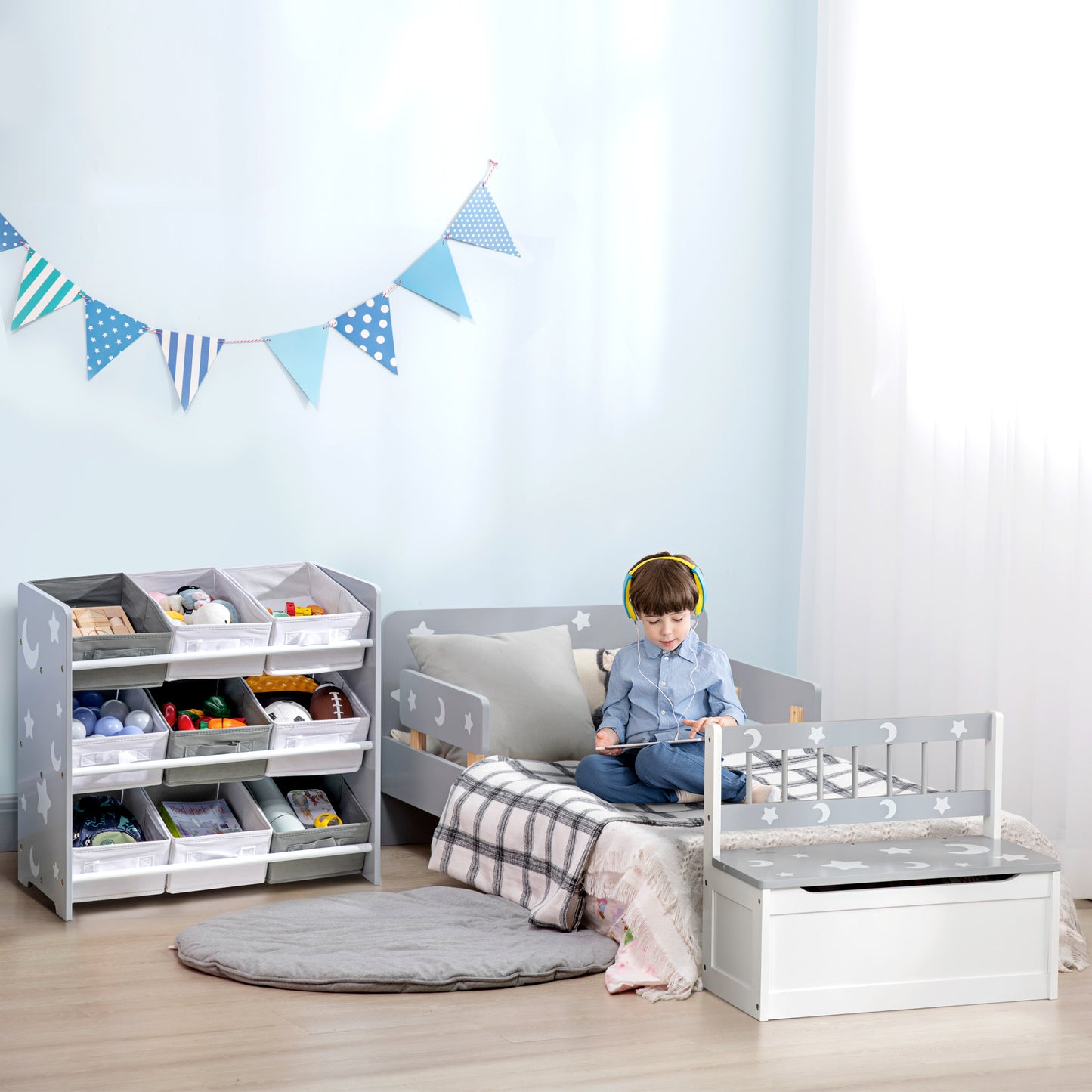 ZONEKIZ 2 In 1 Kids Storage Bench, Toy Box w/ Safety Rod - Grey