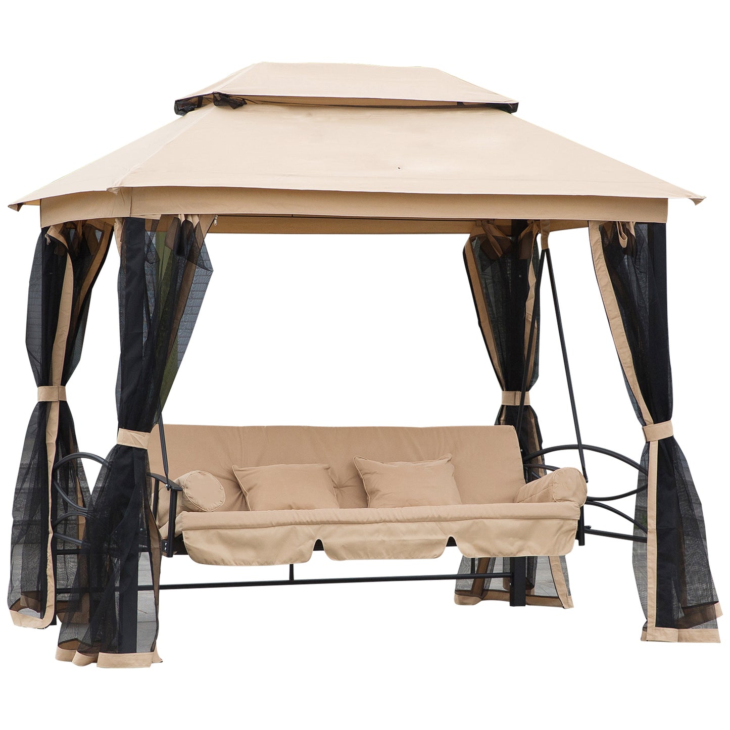 Photo of Outsunny 3 Seater Swing Chair 3-in-1 Convertible Garden Swing Seat Bed Gazebo Patio Bench Outdoor with Double Tier Canopy, Cushioned Seat, Mesh Sidewalls, Beige in Beige colour on a white background
