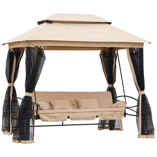 Photo of Outsunny 3 Seater Swing Chair 3-in-1 Convertible Garden Swing Seat Bed Gazebo Patio Bench Outdoor with Double Tier Canopy, Cushioned Seat, Mesh Sidewalls, Beige in Beige colour on a white background