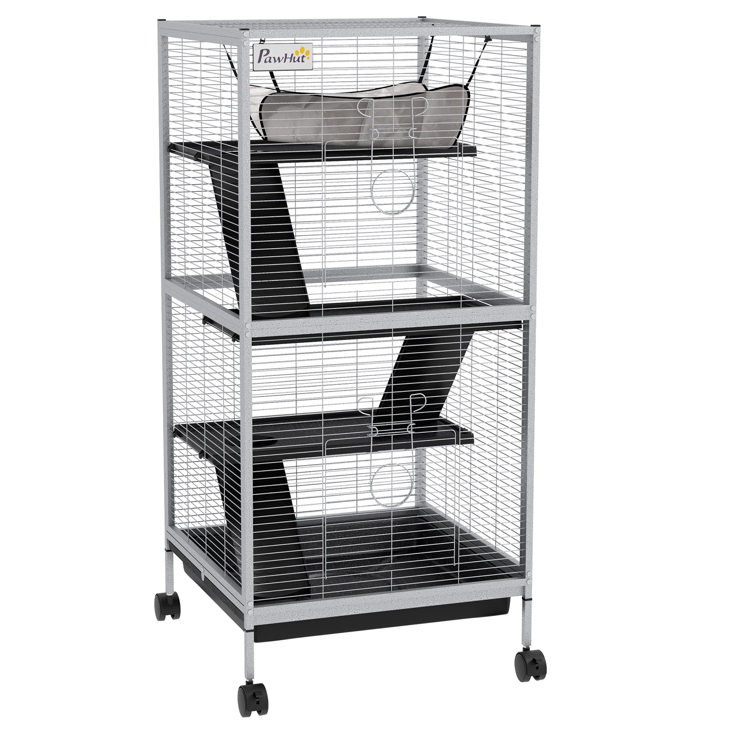 Photo of PawHut Small Animal Cage Pet Play House with Wheels Platforms Light Grey in Grey colour on a white background