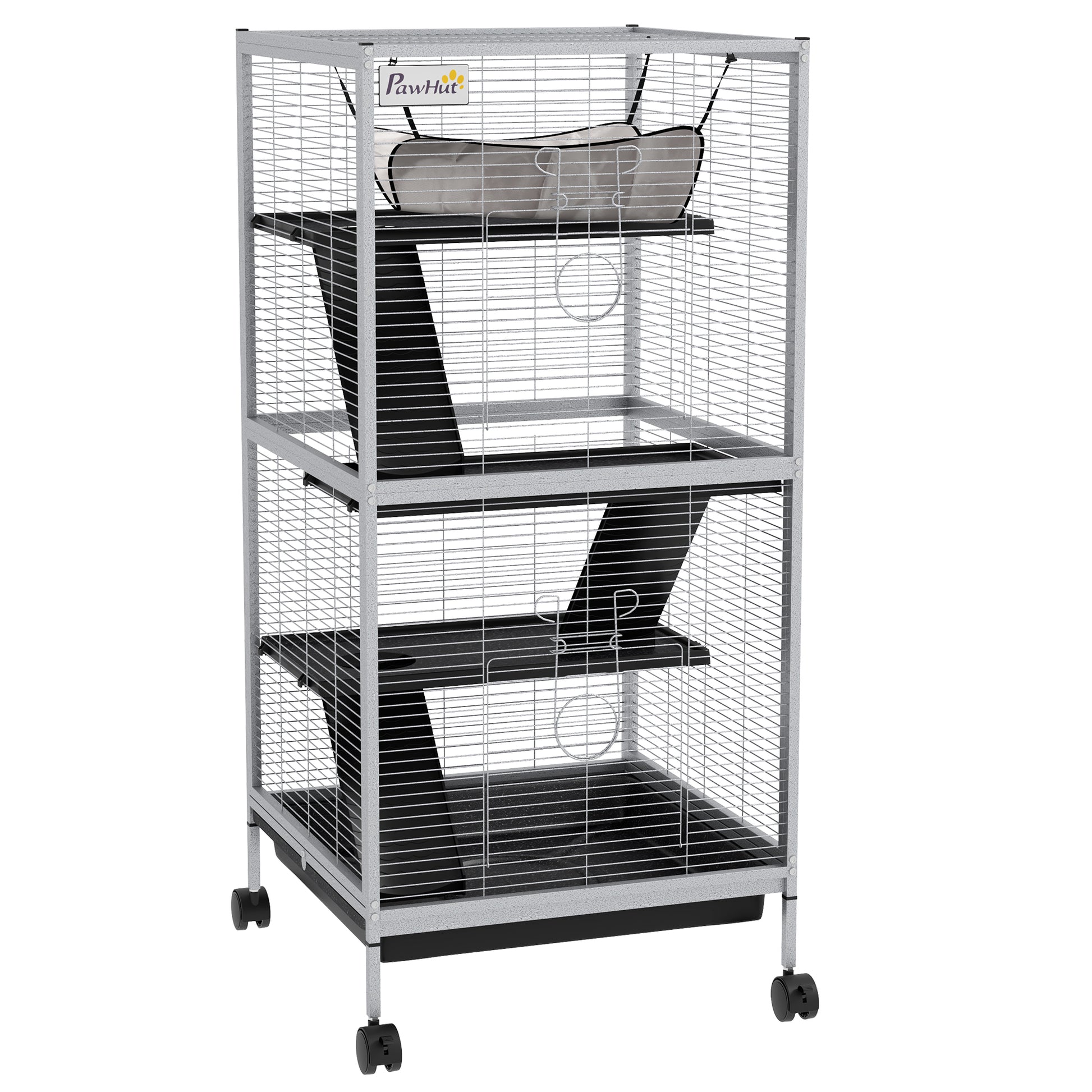 Photo of PawHut Small Animal Cage Pet Play House with Wheels Platforms Light Grey in Grey colour on a white background