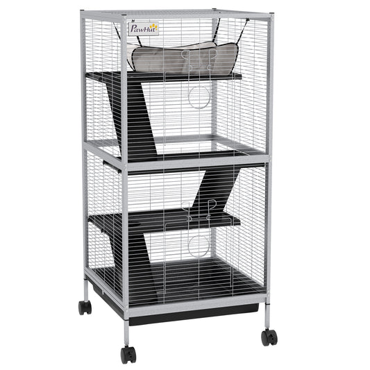 Photo of PawHut Small Animal Cage Pet Play House with Wheels Platforms Light Grey in Grey colour on a white background