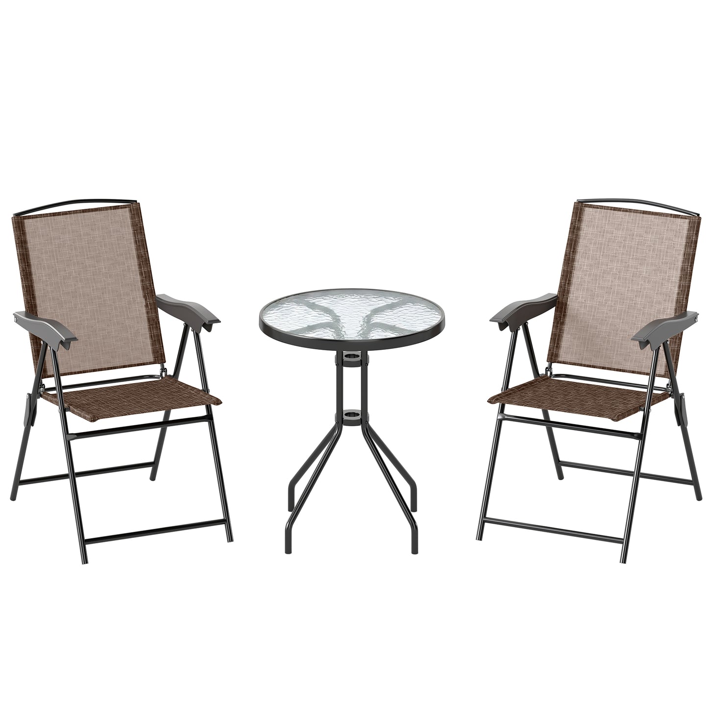 Photo of Outsunny 3 Piece Outdoor Bistro Set, Patio Conversation Furniture Set with 2 Folding Backrest Adjustable Armchairs and Glass Top Coffee Table, Brown in Brown colour on a white background