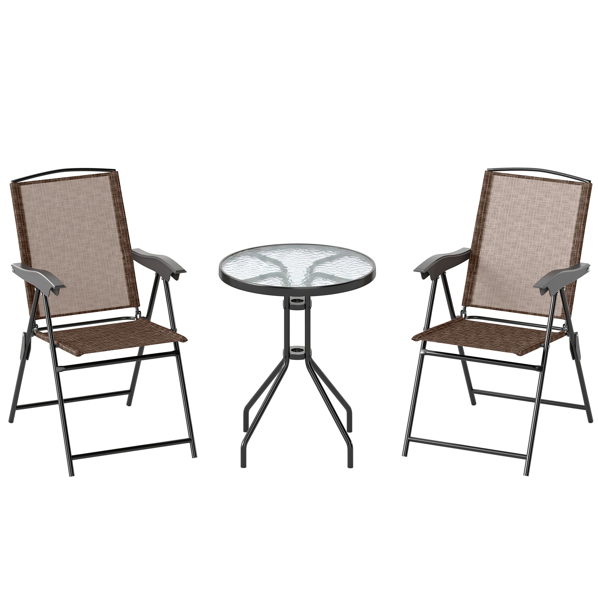 Photo of Outsunny 3 Piece Outdoor Bistro Set, Patio Conversation Furniture Set with 2 Folding Backrest Adjustable Armchairs and Glass Top Coffee Table, Brown in Brown colour on a white background