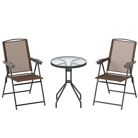 Photo of Outsunny 3 Piece Outdoor Bistro Set, Patio Conversation Furniture Set with 2 Folding Backrest Adjustable Armchairs and Glass Top Coffee Table, Brown in Brown colour on a white background