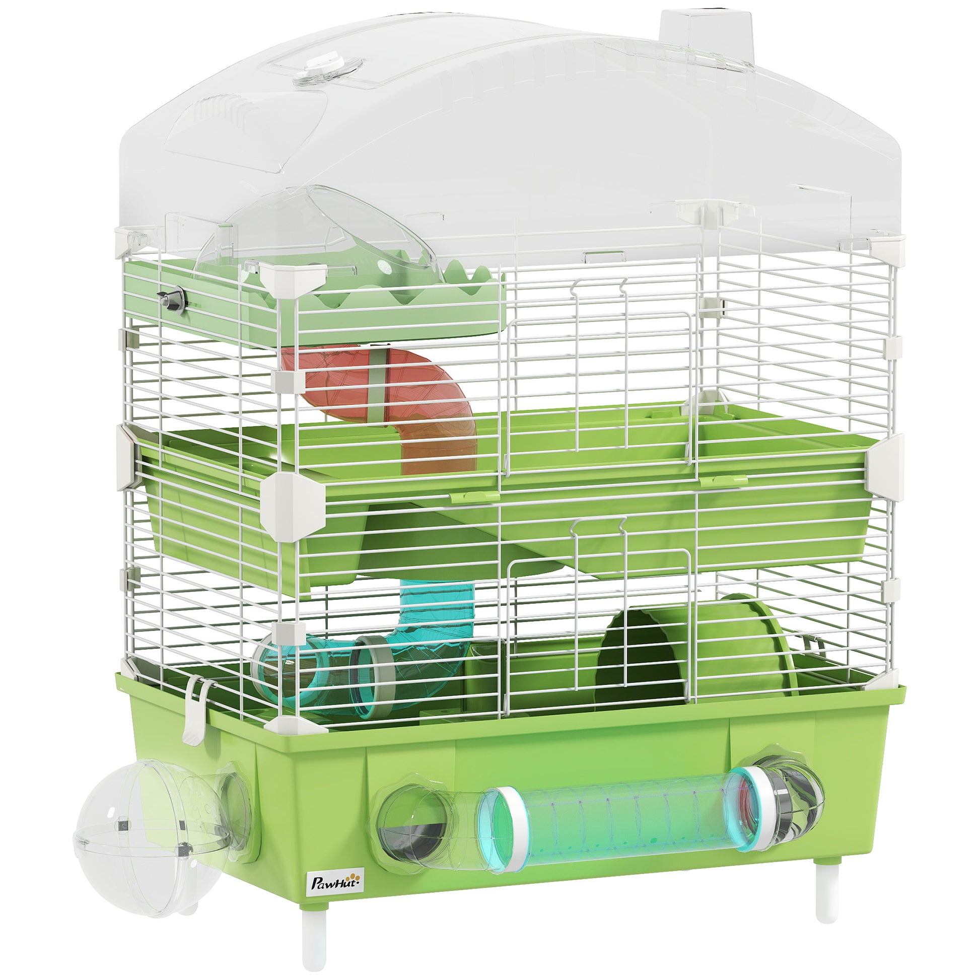 Photo of PawHut 3-Tier Hamster Cage with Transparent Top, Sand Bathroom, Exercise Wheel, Hideout Room, Tubes, 45 x 28 x 60 cm, Green in Green colour on a white background