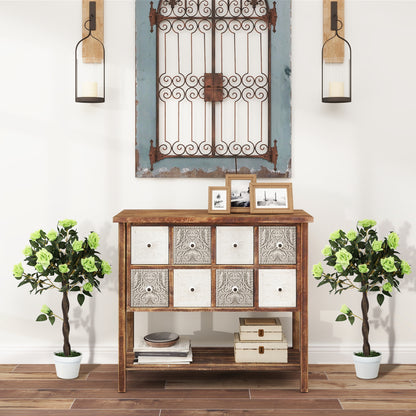 Pair of faux rose trees with lime-green flowers displayed beside a console