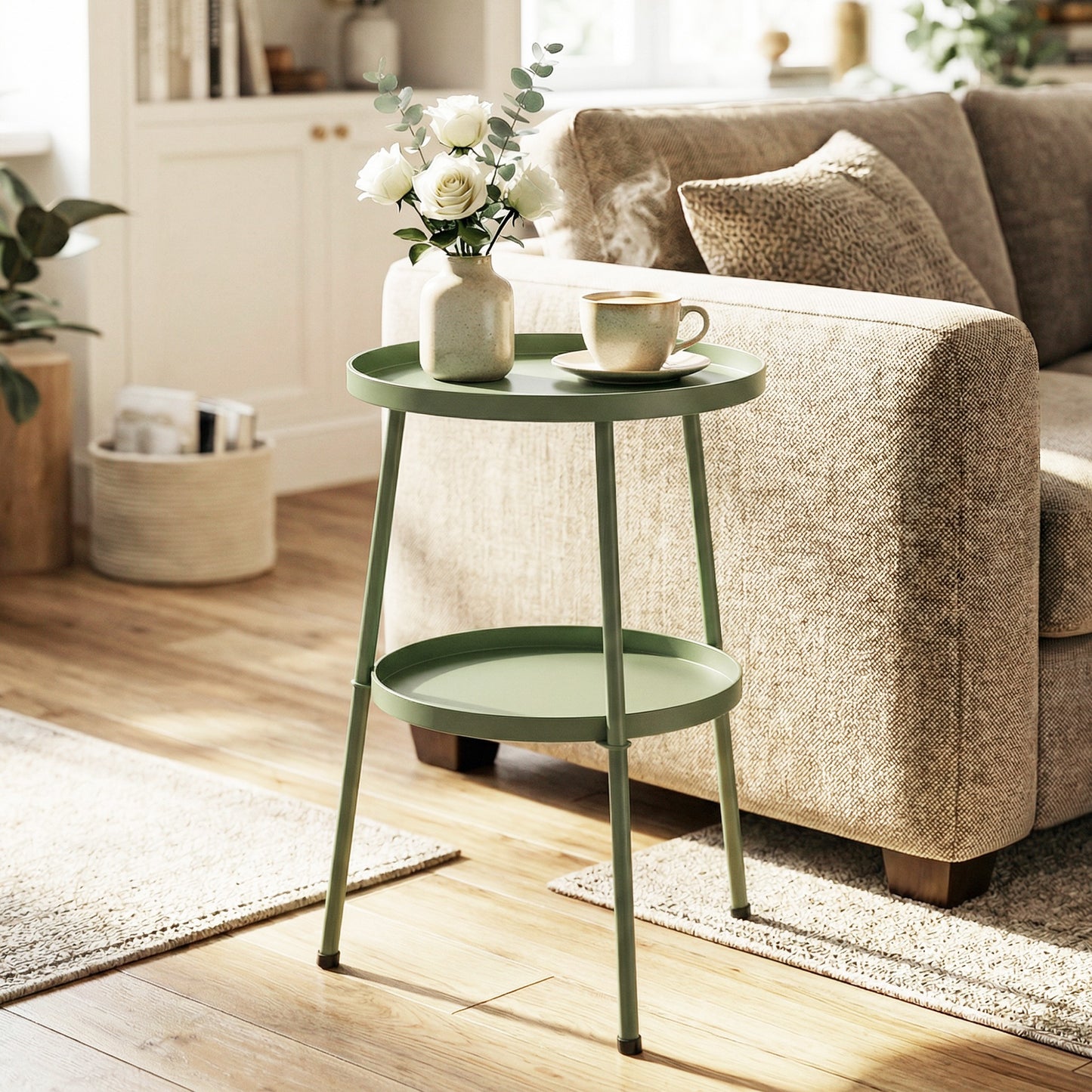 Outsunny Patio Side Table, 2-Tier Round Coffee End Table for Garden Balcony Living Room Bedroom, Light Green