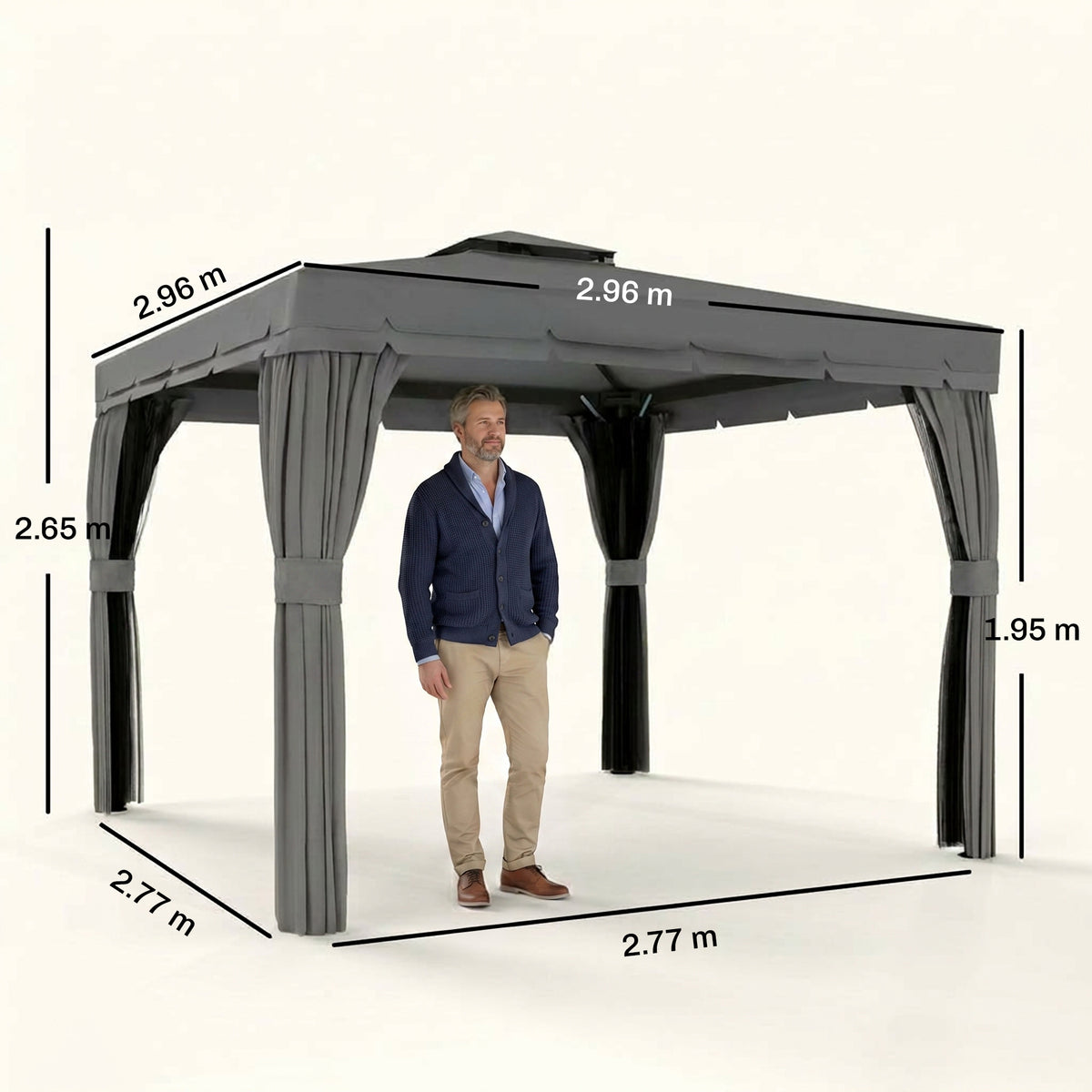 Dark gray patio gazebo with curtains and dimensions shown