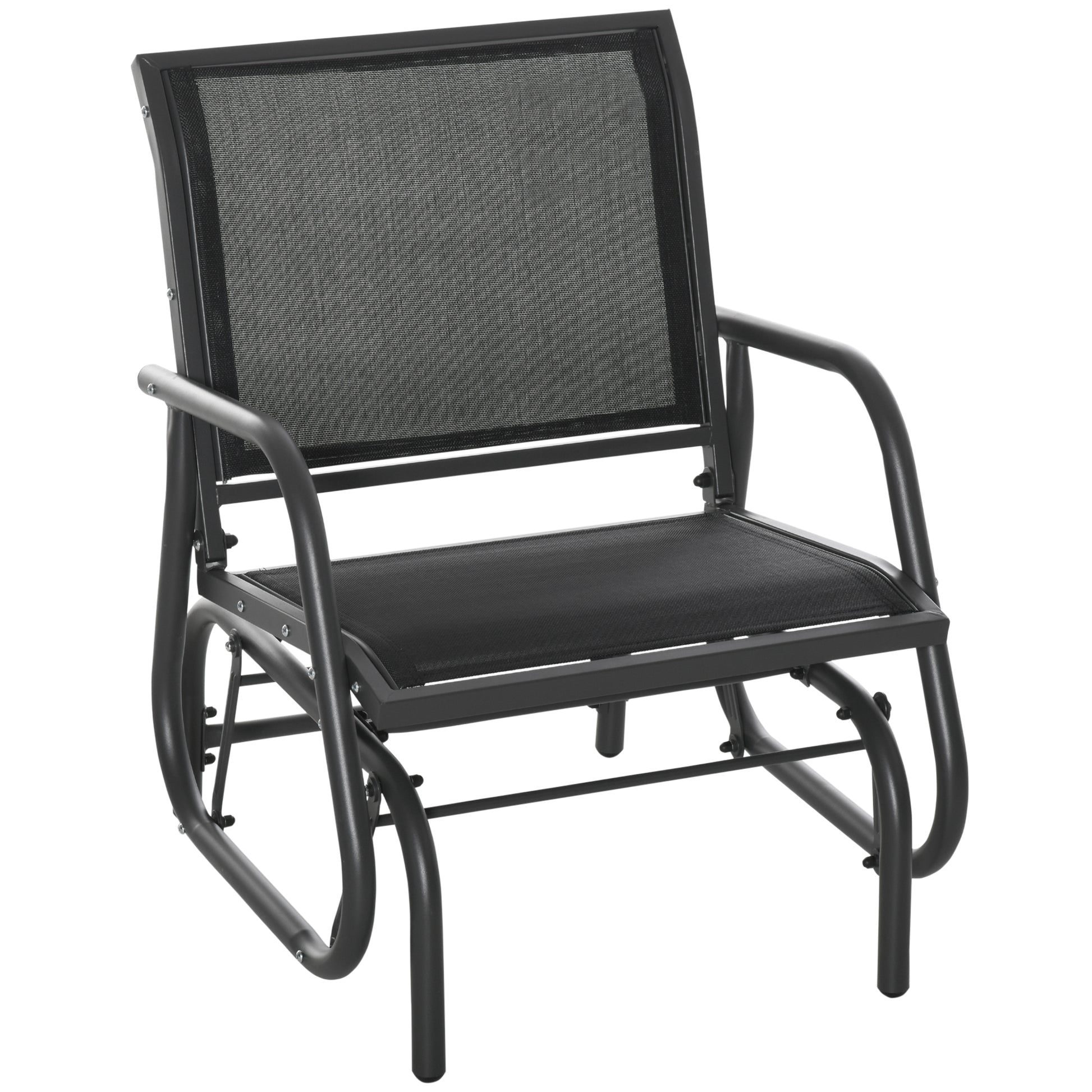 Photo of Outsunny Outdoor Garden Glider Chair, Metal Frame Single Armchair Swing Seater w/ Breath Mesh Fabric Seat, Curved Backrest, Armrests, for Living Room, Patio, Porch, Dark Grey in Grey colour on a white background