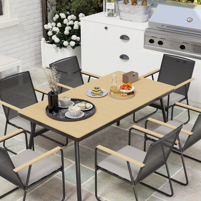 Outsunny garden dining set with six cushioned black chairs and light wood-look table