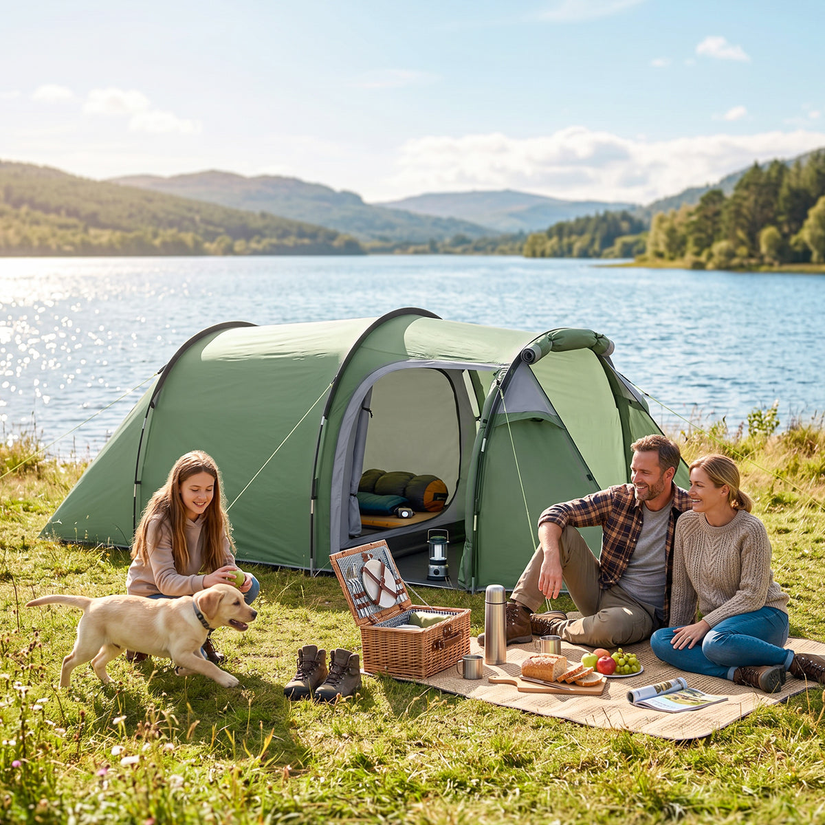 Outsunny 2 Man Tunnel Tent with Sewn-in Groundsheet, Air Vents, Rainfly, 2000mm Large Camping Tent with Bedroom, Porch, Living Area for Camping, Hiking, 426L x 206W x 154H cm, Dark Green