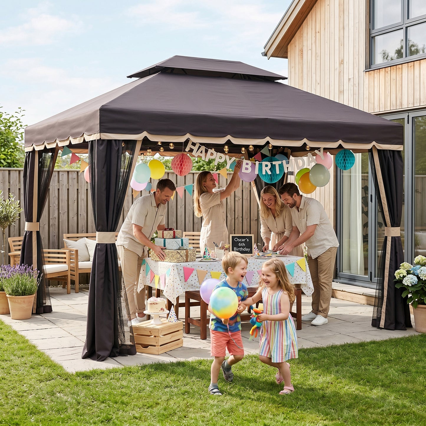 Outsunny 3 x 4m Aluminium Garden Gazebo, Marquee Canopy Shelter Pavilion Party Tent with Nets and Curtains for Garden and Deck, Coffee