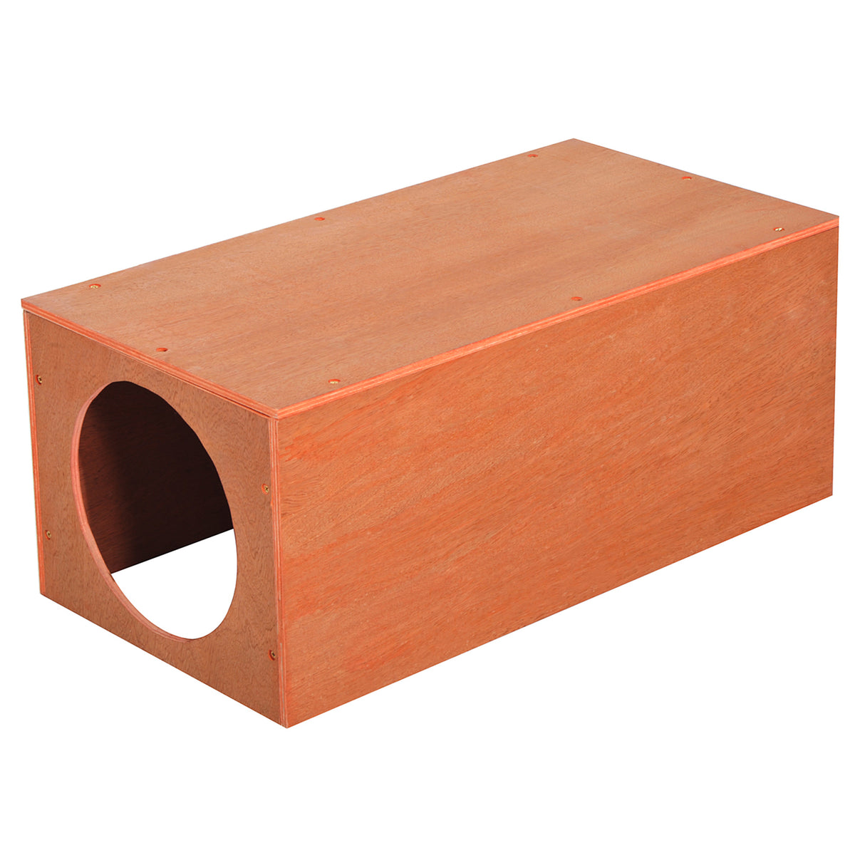 PawHut wooden pet hideaway box with one visible round end opening