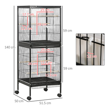 Black two-section bird cage with dimensions, door measurements, and 1.2 cm bar spacing.