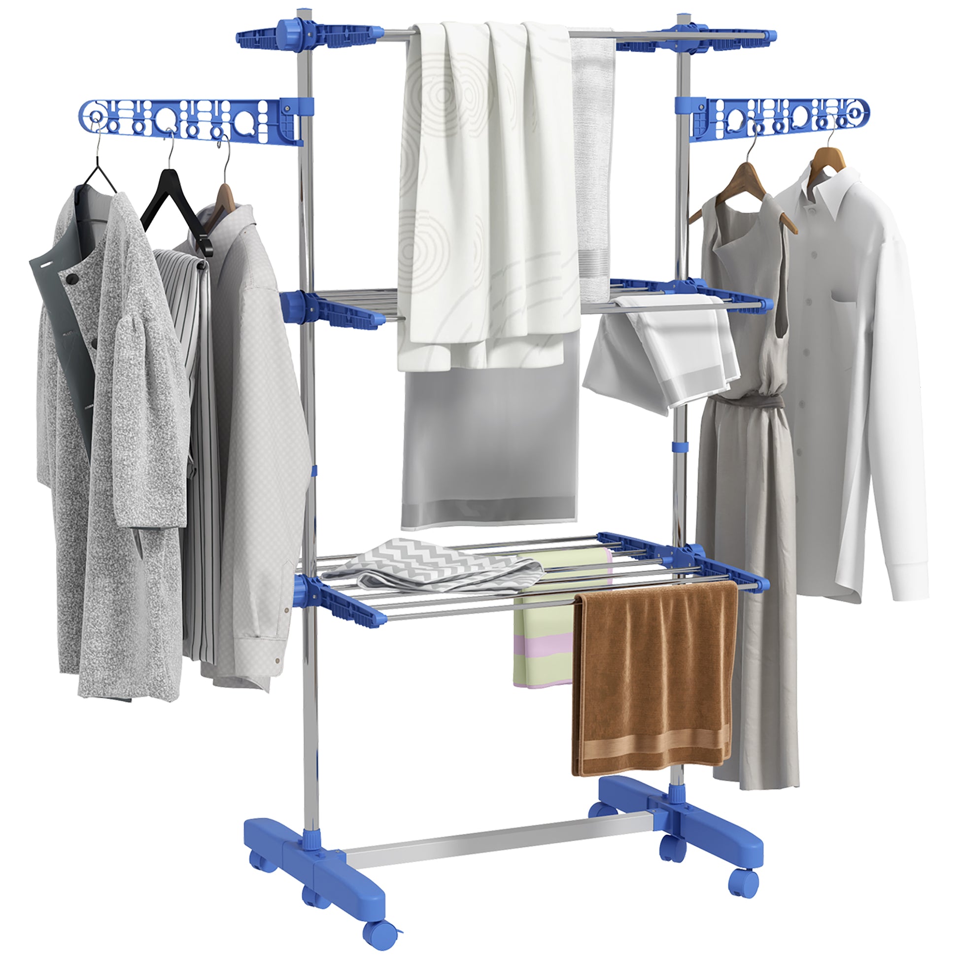 Photo of HOMCOM Three-Shelf Collapsing Clothes Horse, With Side Arms and Wheels - Blue in Blue colour on a white background
