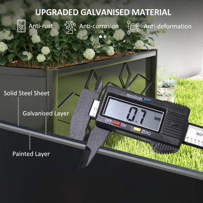 Galvanised steel raised garden bed with diamond-pattern sides and flowers