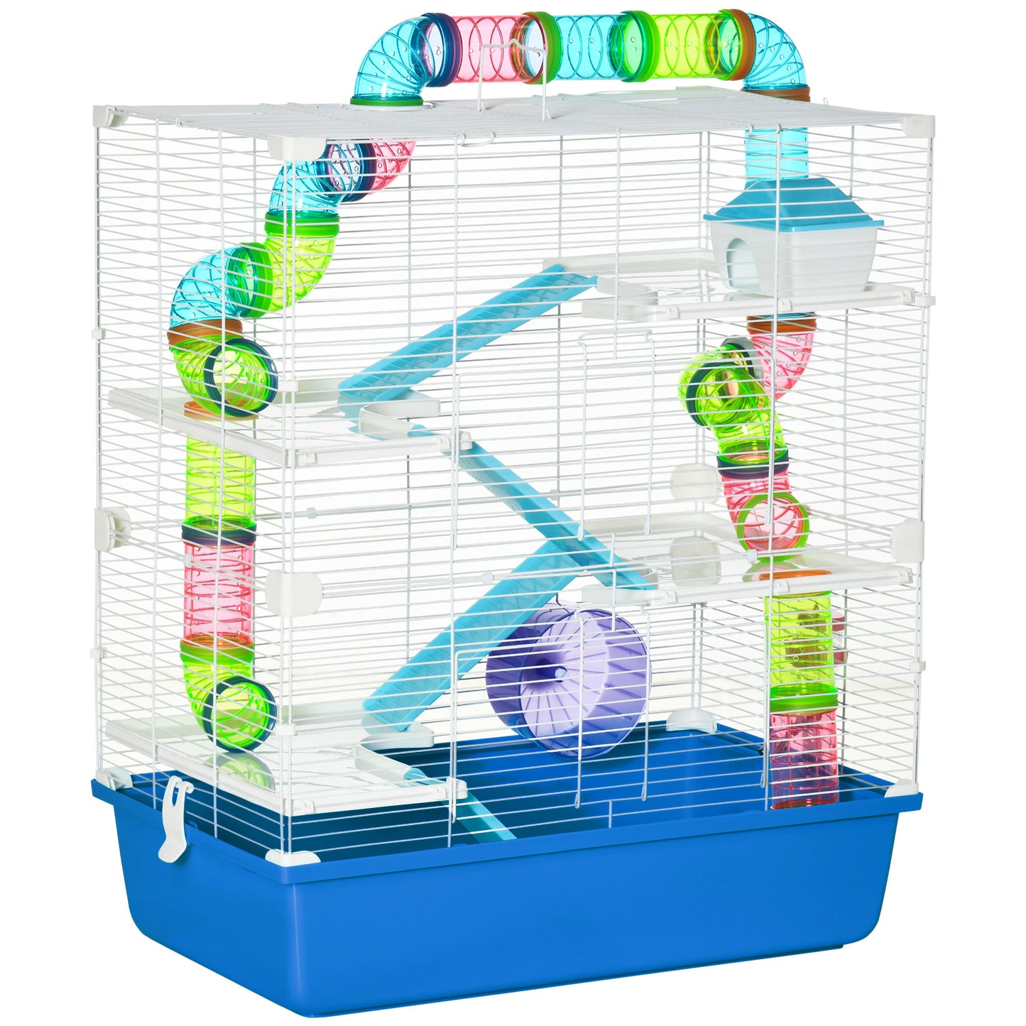 Photo of PawHut 5 Tier Hamster Cage, Gerbil Cage with Exercise Wheel, Feeder Bowl, Tube, Water Bottle, 59L x 36W x 69H cm - Blue in Blue colour on a white background