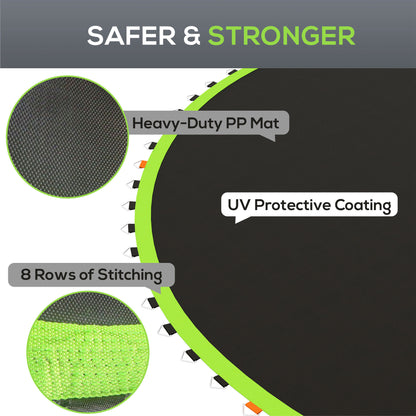 SPORTNOW trampoline mat detail showing green edge, reinforced stitching, and woven black fabric