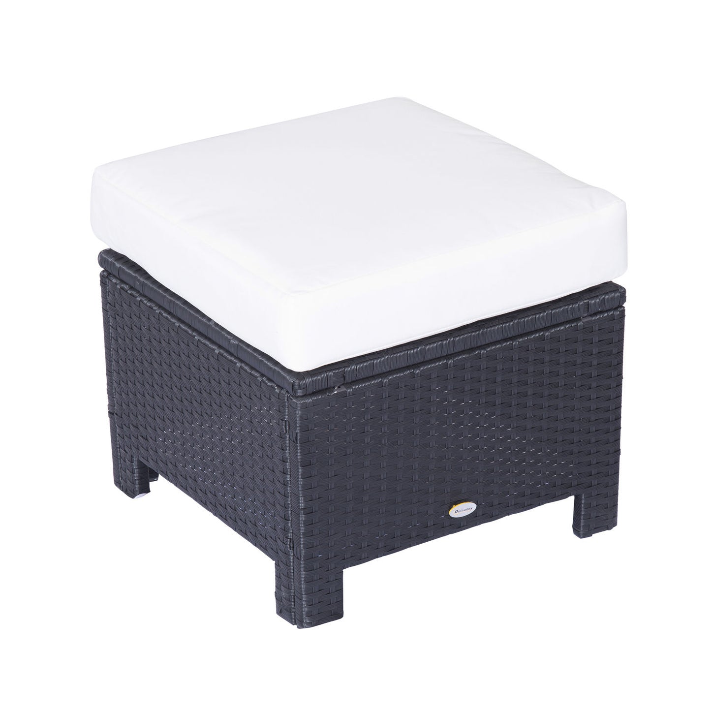 Photo of Outsunny Rattan Footstool Wicker Ottoman with Padded Seat Cushion Outdoor Patio Furniture for Garden Poolside Living Room, 50 x 50 x 35 cm, Black in Black colour on a white background