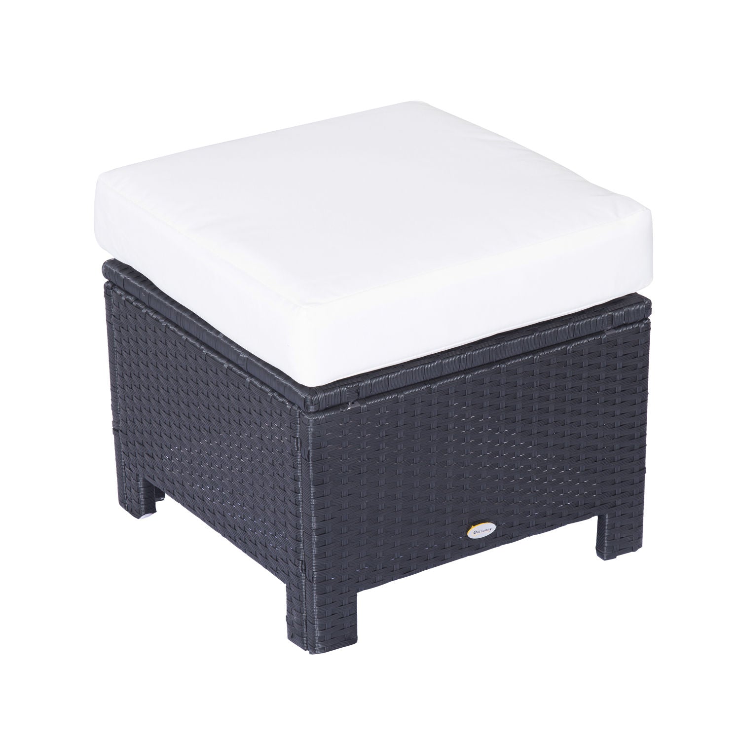 Photo of Outsunny Rattan Footstool Wicker Ottoman with Padded Seat Cushion Outdoor Patio Furniture for Garden Poolside Living Room, 50 x 50 x 35 cm, Black in Black colour on a white background